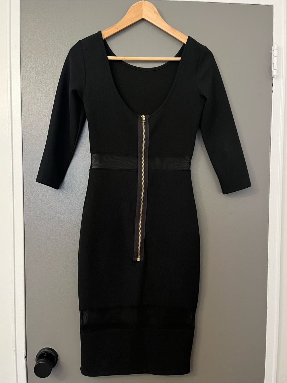 Black Zipper Sheath Dress with Mesh Insets - Women's Dress. XS.